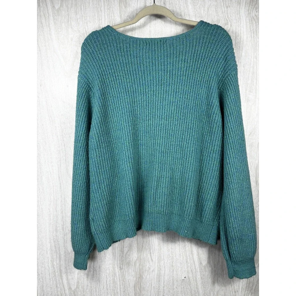 Lulus V Neck Sweater Women's L Teal Blouson Sleeve Cotton Blend Cozy Chic